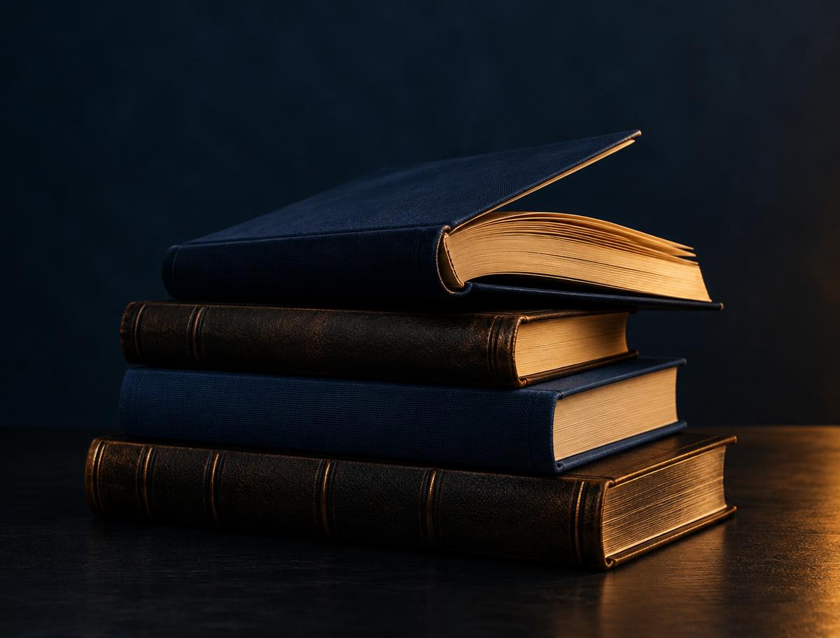A stack of books in golden light