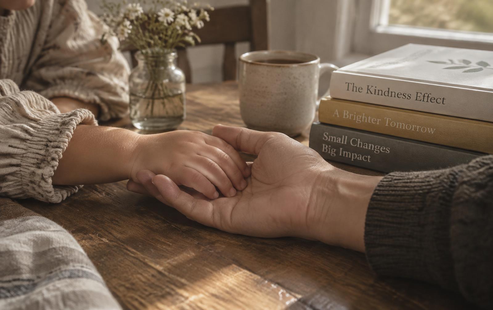 A child's hand resting in an adult's hand beside a stack of books