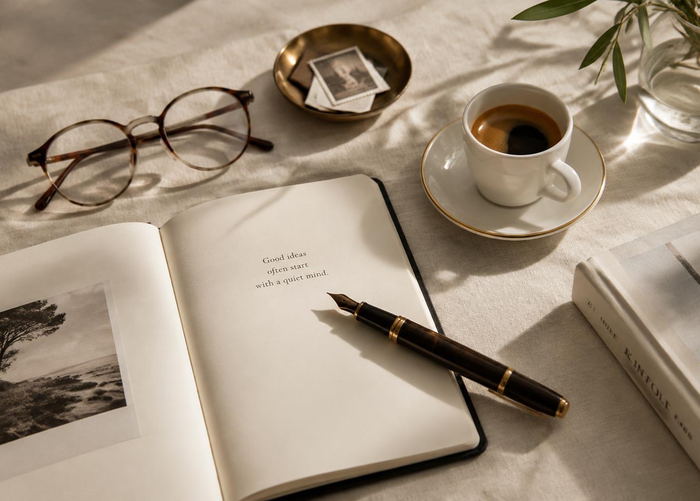 An open notebook, fountain pen and espresso on warm linen